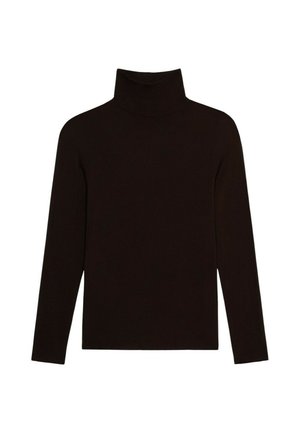 Maglione a collo alto nero con maniche lunghe, realizzato in tessuto a costine, con un design aderente e una superficie liscia.