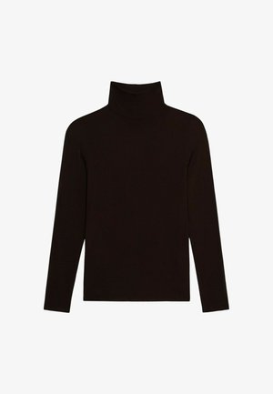 Maglione a collo alto nero con maniche lunghe, realizzato in tessuto a costine, con un design aderente e una superficie liscia.