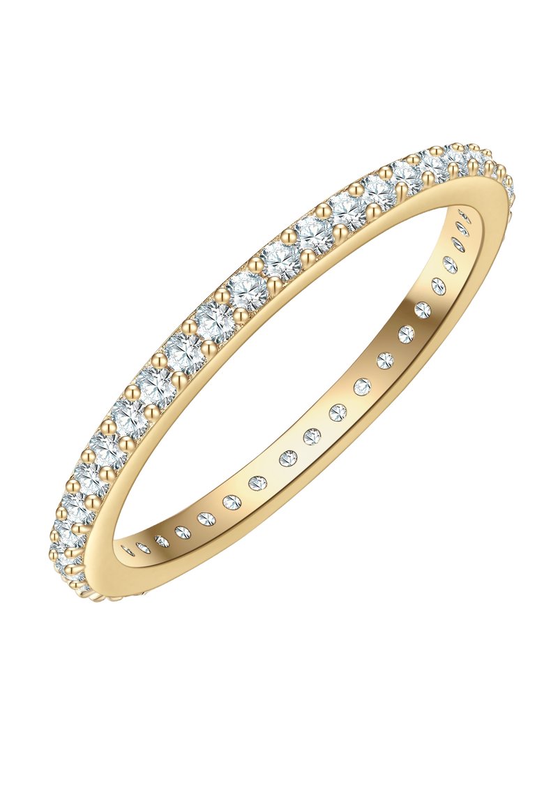 Bague en or ornée d'une rangée de diamants ronds étincelants sur le dessus, avec un intérieur lisse et poli et de petits diamants sur les côtés de l'anneau.