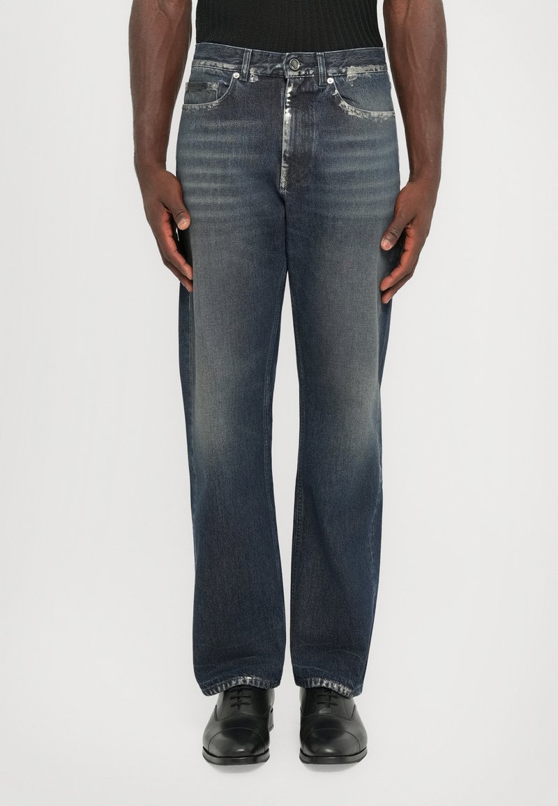 Dark blue denim jeans with a straight cut, featuring a faded design, metal button closure, and classic five-pocket styling.