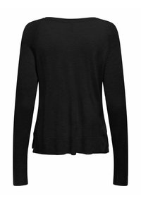 Maglione nero a maniche lunghe realizzato in materiale morbido, con scollatura rotonda e orlo a costine. La vista posteriore mostra un design delle spalle senza cuciture.
