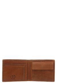 Braune Lederbörse im Bifold-Design, ausgestattet mit mehreren Kartenfächern, einem Hauptfach und einem geprägten Logo. Glatte Oberfläche mit minimaler Naht.