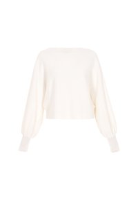 Pull court blanc, avec un décolleté large et des manches longues et volumineuses à poignets côtelés. Texture douce et coupe légèrement ample.