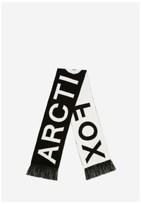 Schwarz-weißer gestrickter Schal mit den Mustern "ARCTIC" und "FOX", verziert mit Fransen an beiden Enden. Weicher Stoff und rechteckige Form.