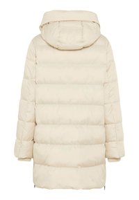 Lysebeige dunjakke med hætte, der har et quiltet mønster, ribstrikkede manchetter og sidelommer med lynlås, lavet af et blødt og glat materiale.