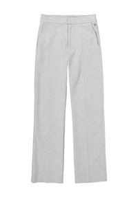Helle graue weit geschnittene Hosen aus weichem Stoff, mit zwei Seitentaschen und einem glatten Bund mit einem Knopfakzent.