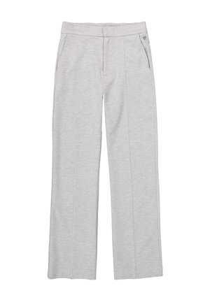 Helle graue weit geschnittene Hosen aus weichem Stoff, mit zwei Seitentaschen und einem glatten Bund mit einem Knopfakzent.