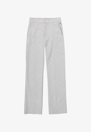 Lichtgrijze wijde broeken gemaakt van zachte stof, met twee zijzakken en een soepele tailleband met een knoopaccent.