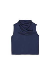 Námornícky modrý bezrukávový top s drapovaným golierom. Vyrobený z hladkej látky, má uvoľnený strih a malý loga detail na leme.