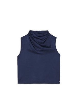 Débardeur bleu marine sans manches avec un col drapé. Fabriqué dans un tissu doux, il présente une coupe décontractée et un petit logo sur l'ourlet.