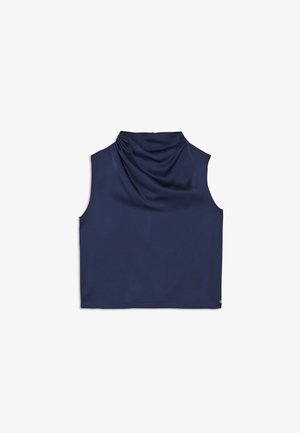 Top senza maniche blu navy con collo drappeggiato. Realizzato in tessuto morbido, presenta una vestibilità comoda e un piccolo logo dettagliato sull'orlo.