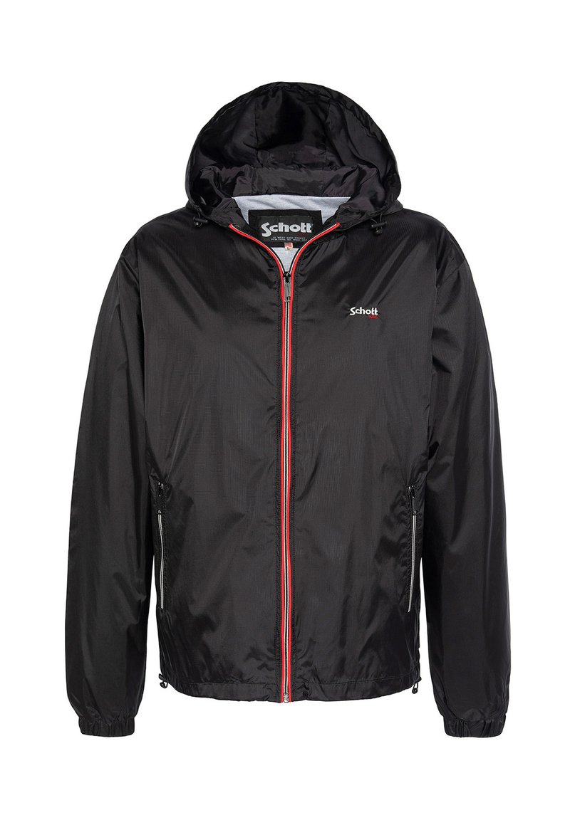 Veste légère noire en nylon avec capuche, dotée d'une fermeture éclair avant rouge et blanche, de poignets élastiques et de poches latérales.