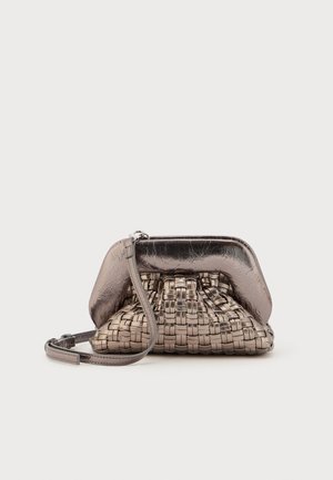 Woven metallic handbag with a textured, shiny upper and a plump, gathered bottom. Features a detachable strap and a zip closure.