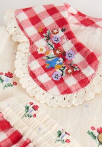 Col col en tissu à carreaux rouges et blancs avec broderie florale ; tissu crème à motifs floraux ; bordure en dentelle délicate et détails à volants froncés.