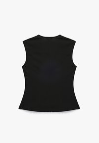 Sort ærmeløs top med et tætsiddende design, glat tekstur og en bagsømsdetalje, der har en rund halsudskæring og ingen synlige spænder.