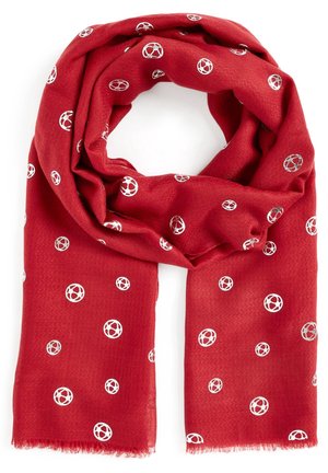 Écharpe rouge avec de petits motifs circulaires blancs répartis uniformément, présentée pliée avec des bords frangés visibles en bas.