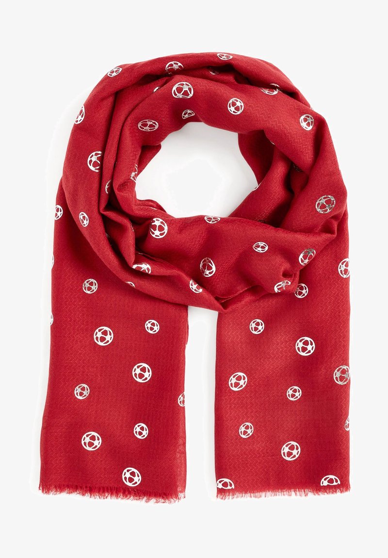 Écharpe rouge avec de petits motifs circulaires blancs répartis uniformément, présentée pliée avec des bords frangés visibles en bas.