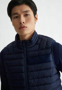 Gilet imbottito blu navy con colletto alto, chiusura con zip e logo sul petto, realizzato in un tessuto leggero e testurizzato.