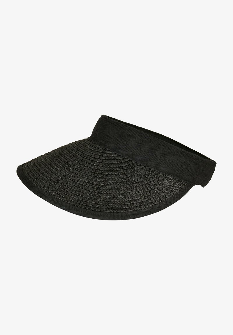 Fekete napernyő sapka szőtt anyagból, kerek karimával és széles szövetpánttal a koronán a kényelem és a tökéletes illeszkedés érdekében.
