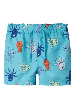 Schwimmshorts aus leichtem Stoff, mit einem türkisfarbenen Hintergrund, der bunte Cartoon-Meereslebewesen zeigt, und einem Kordelzug am Bund.