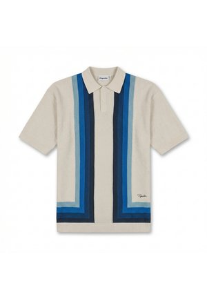Béžové polo tričko s krátkými rukávy s vertikálními a horizontálními modrými pruhy vytvářejícími na přední straně čtvercový vzor a malým logem ve spodní části.
