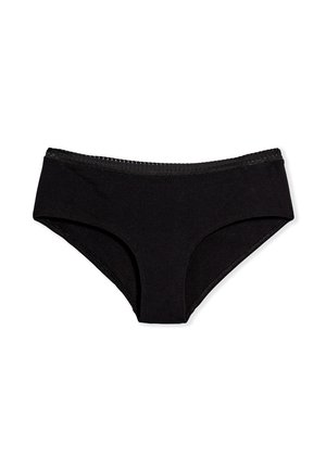 Braguitas hipster para mujer de algodón negro con una cinturilla adornada con encaje, mostradas planas sobre un fondo blanco.