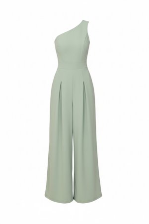 Široké nohavice v hopsmoke zelenej farbe s vysokým pásom, skladaným predným dielom a asymetrickým výstrihom na jedno rameno.