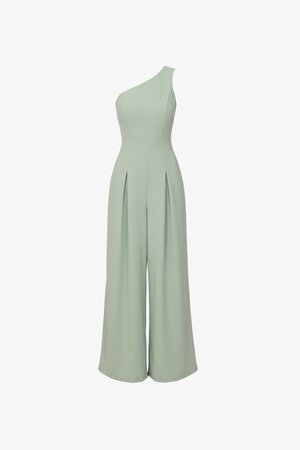 Široké kalhoty v barvě šalvěje se vysokým pasem, plisovaným předním dílem a asymetrickým výstřihem na jedno rameno.