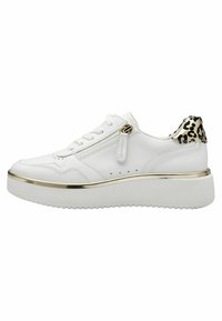 White sneaker with a gold accent band, leopard print detail on the heel, textured leather upper, and side zipper for closure.