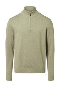 Lichtgroene pullovertrui met een hoge kraag en een korte nylon ritssluiting, geribbelde manchetten en een geribbelde zoom, gemaakt van zacht breimateriaal.