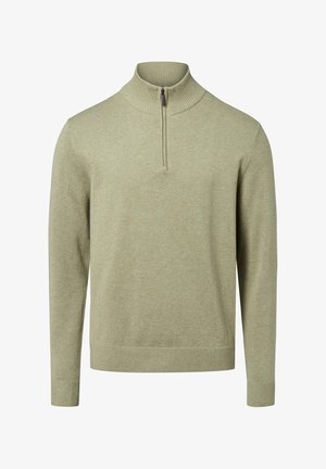 Hellgrüner Pullover mit hohem Kragen und kurzem Nylonreißverschluss, gerippten Manschetten und geripptem Saum, aus weichem Strickmaterial gefertigt.