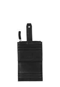 Schwarzer Leder-Kartenhalter mit mehreren Kartenfächern, einem Reißverschlusstasche, strukturierter Oberfläche und abnehmbarem Riemen mit Druckknopfverschluss.