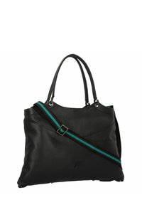 Sac à main en cuir noir avec grain texturé, deux poignées, et une bandoulière amovible rayée en bleu canard et noir. Détail du logo subtilement embossé.