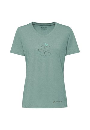 Light green V-neck short-sleeve t-shirt with a simple floral design centered on the chest and a small logo near the bottom hem.
