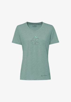 Light green V-neck short-sleeve t-shirt with a simple floral design centered on the chest and a small logo near the bottom hem.