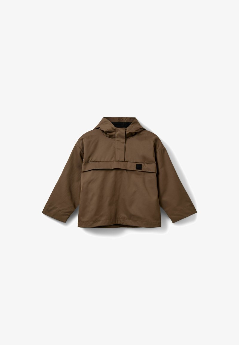 Brown hooded jacket made of smooth fabric, featuring a half-placket front, a chest pocket with a flap, and loose-fitting long sleeves.