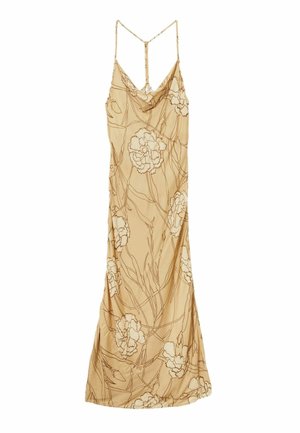 Robe sans manches beige avec imprimé floral marron. Encolure bretelle et fines bretelles. Design drapé avec une texture lisse.