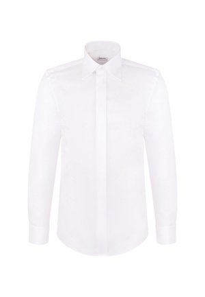 Camicia da uomo bianca a maniche lunghe con collo appuntito e patta con bottoni nascosti, mostrata frontalmente su uno sfondo semplice.