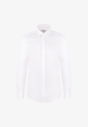 Camicia da uomo bianca a maniche lunghe con collo appuntito e patta con bottoni nascosti, mostrata frontalmente su uno sfondo semplice.