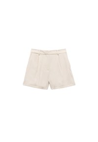 Beige skræddersyede shorts med flad front, sidelommer og en glat tekstur. Designet inkluderer bæltestropper og en afslappet pasform.