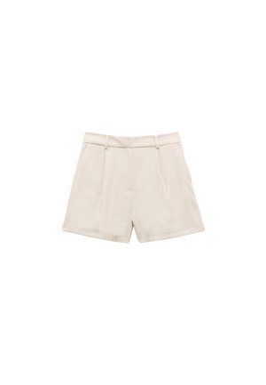 Beige op maat gemaakte shorts met een rechte voorkant, zijzakken en een zachte textuur. Het ontwerp bevat riemlussen en een ontspannen pasvorm.