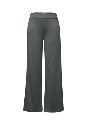 Pantalones de pierna ancha color gris oscuro con cintura elástica y bolsillos laterales, mostrados sobre un fondo blanco.