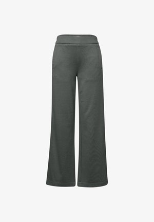 Pantalones de pierna ancha color gris oscuro con cintura elástica y bolsillos laterales, mostrados sobre un fondo blanco.