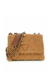 Sac en velours côtelé brun avec une texture matelassée, quincaillerie dorée et une anse en chaîne. Présente un logo triangulaire et une sangle en cuir.