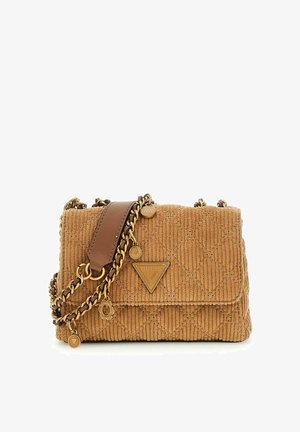 Sac en velours côtelé brun avec une texture matelassée, quincaillerie dorée et une anse en chaîne. Présente un logo triangulaire et une sangle en cuir.