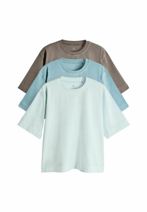 Three short-sleeve t-shirts stacked. Colors: light blue, mint green, and dark taupe. Cotton material, round neck, relaxed fit, plain design.