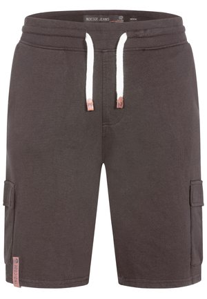 Mørkegrå cargoshorts med hvit snor, sidelommer og Indicode-merke nær kanten.