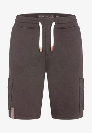 Mørkegrå cargoshorts med hvit snor, sidelommer og Indicode-merke nær kanten.