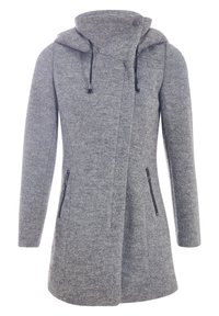 Manteau gris à manches longues avec un tissu texturé, une capuche et des cordons réglables ; doté de deux poches latérales zippées.