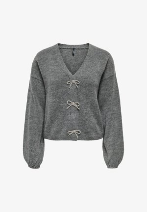 Suéter corto gris con cuello en V, que presenta tres lazos decorativos en la parte frontal y mangas abullonadas. Fabricado con un material suave y texturizado.